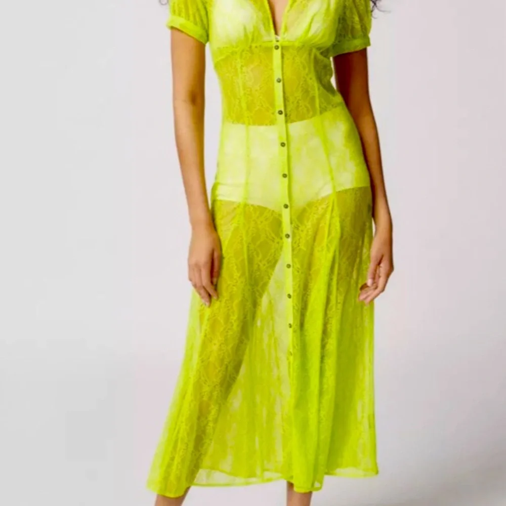 New Urban Outfitters Connie Sheer Lace Maxi Dress Size  Green Short Sleeve - Picture 4 of 13